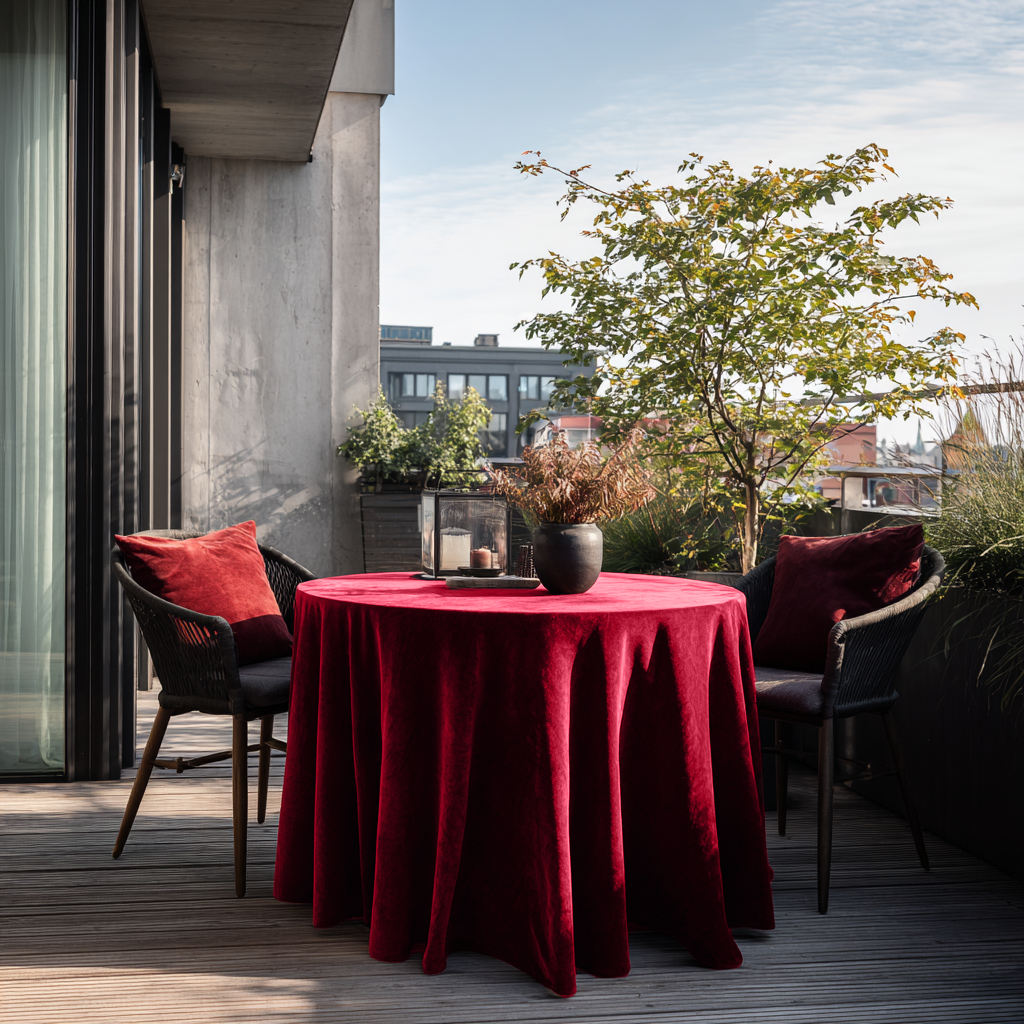 Dark Deep Red Velvet Round Tablecloth in a Balcony Dining Setting with Black Wicker Chairs and Red Cushions
