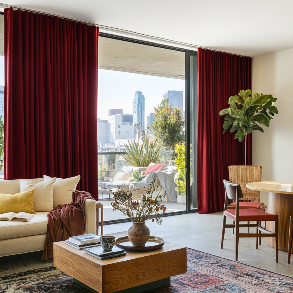 Dark Deep Red Velvet S-Fold Blackout Curtains for Bifold Doors in a Living Room with Cream Walls