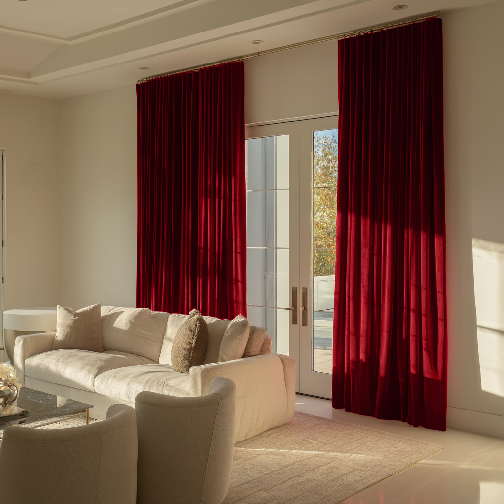 Dark Deep Red Velvet S-Fold Blackout Curtains in a Living Room with Beige Walls