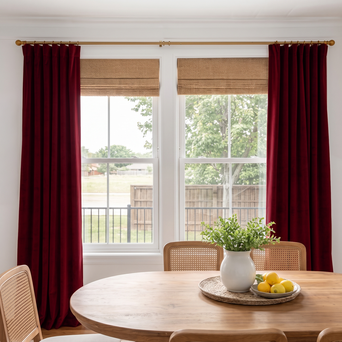 A pair of deep burgundy curtain panels hanging on a gold rod with matching woven jute roman blinds in front of a white-framed window, with a wooden dining table and chairs visible in the foreground.