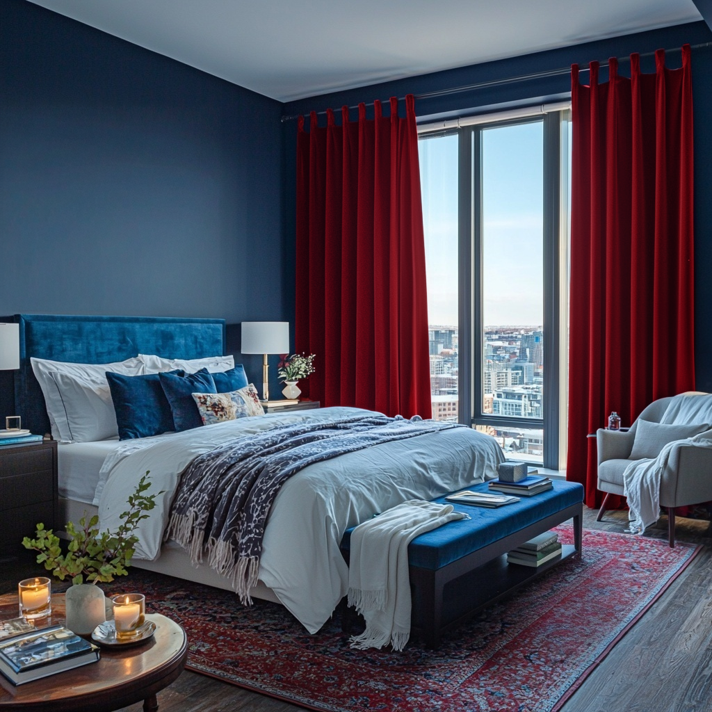 Dark Deep Red Velvet Tab Top Blackout Curtains in a Bedroom with Navy Blue Walls