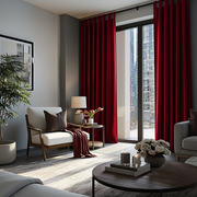 Dark Deep Red Velvet Tab Top Blackout Curtains in a Living Room with Grey Walls