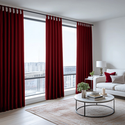 Dark Deep Red Velvet Tab Top Blackout Curtains in a Living Room with White Walls