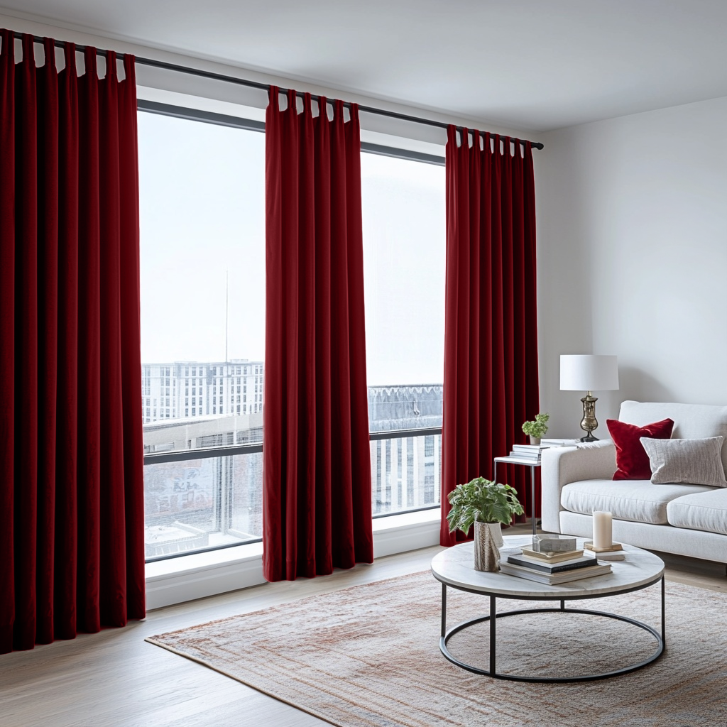 Dark Deep Red Velvet Tab Top Blackout Curtains in a Living Room with White Walls