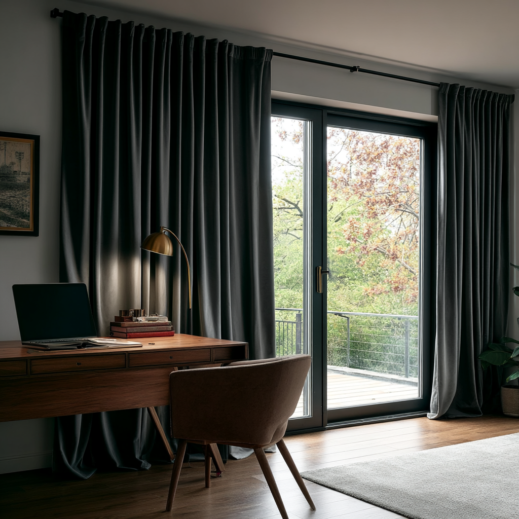 Dark Grey Velvet Back Tab Blackout Curtains for Sliding Doors in an Office with Grey Walls