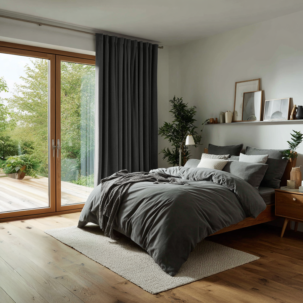 Dark Grey Velvet Back Tab Curtains in a Minimalist Bedroom with Wood-Framed Glass Doors and Neutral Décor