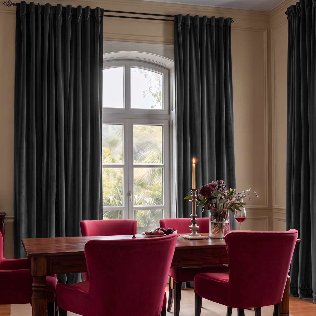 Elegant dining room with dark curtains, red velvet chairs, and a wooden table.