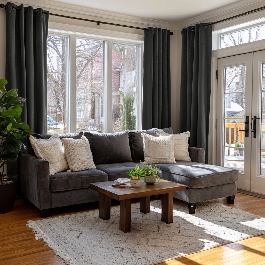Dark Grey Velvet Eyelet Curtains in a Bright Living Room with a Sectional Sofa