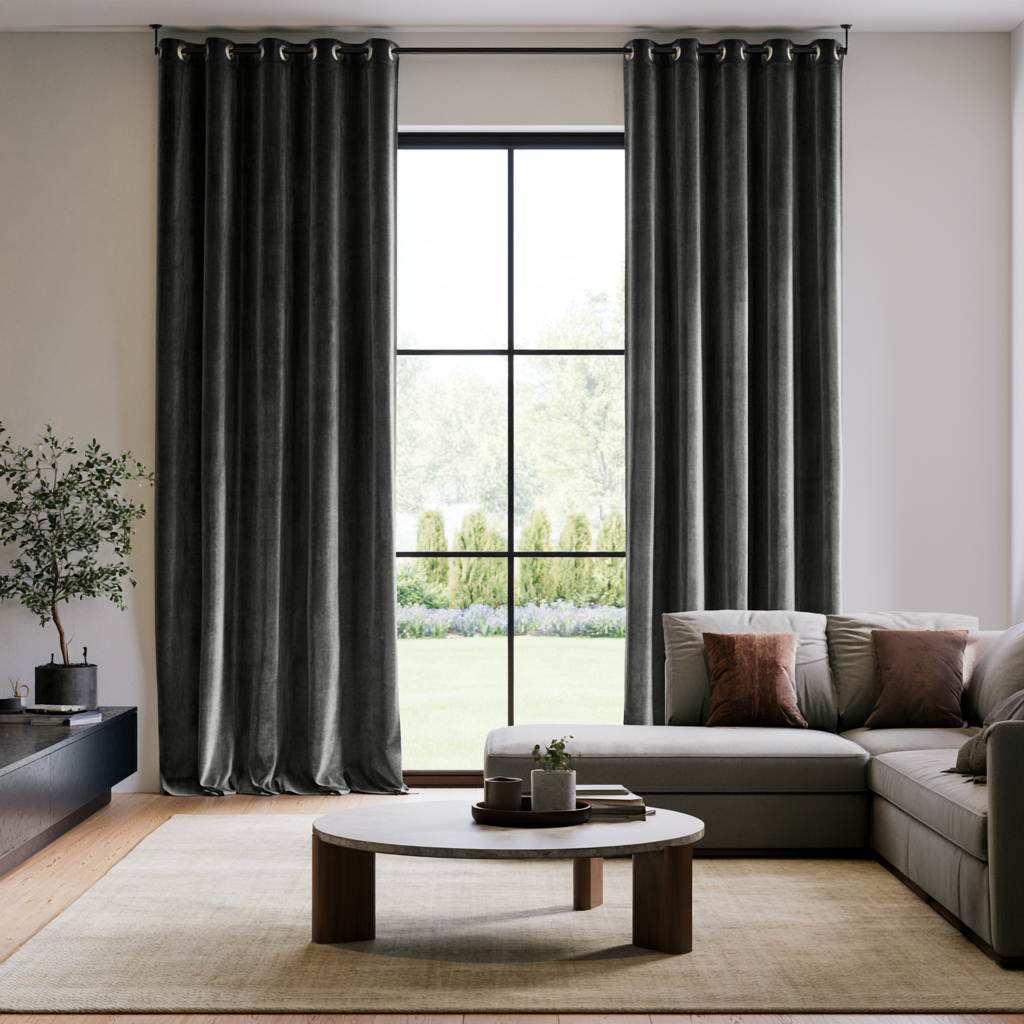 Dark Grey Velvet Eyelet Extra Long Curtains in a Contemporary Living Room with Sectional Sofa and a Large Multi-Pane Window