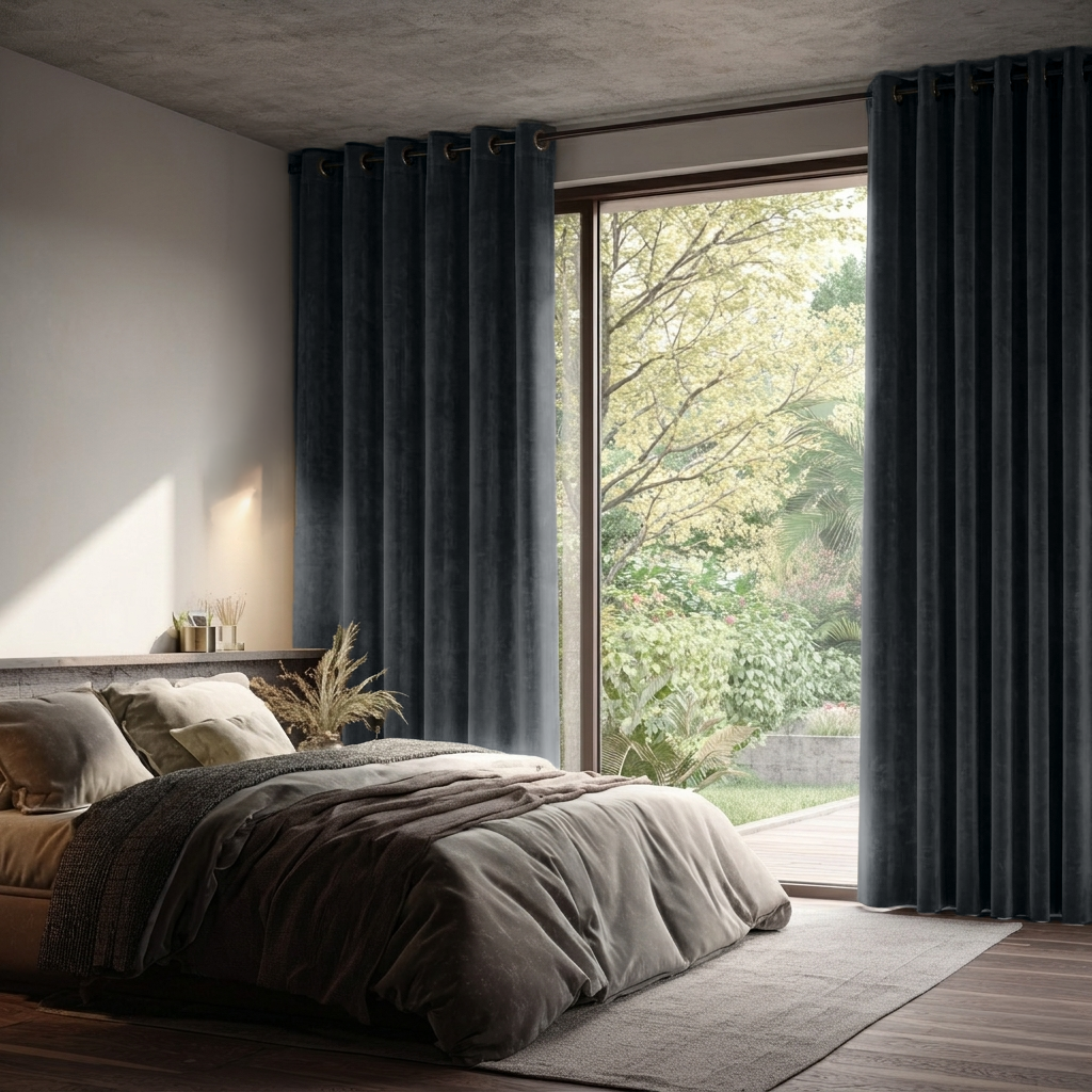 Dark Grey Velvet Eyelet Blackout Curtains for Sliding Doors in a Bedroom with Off-White Walls
