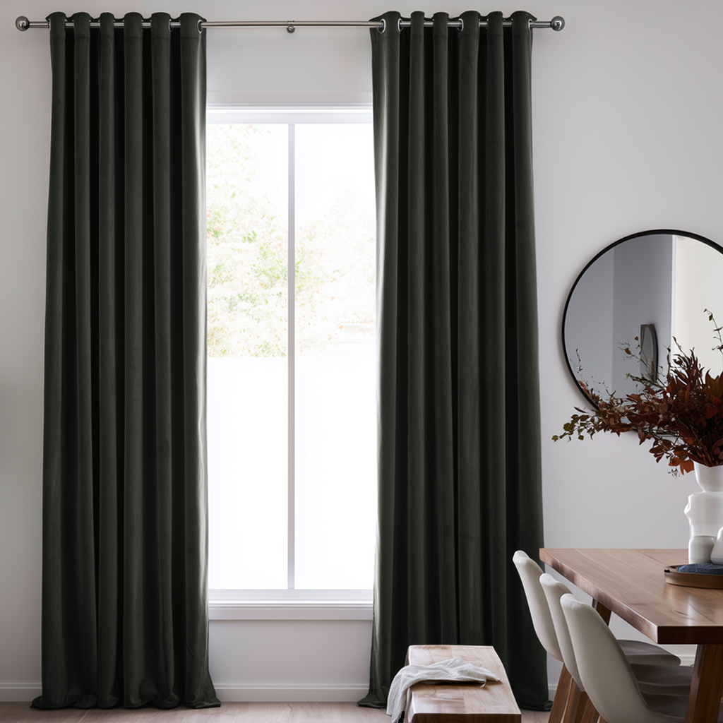 Dark charcoal gray grommet-top curtains hanging on a silver rod in a bright dining room setting with a window, wooden table, and chairs.