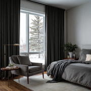 Dark Grey Velvet Multitape Thermal Curtains in a Contemporary Bedroom with a Grey Upholstered Bed