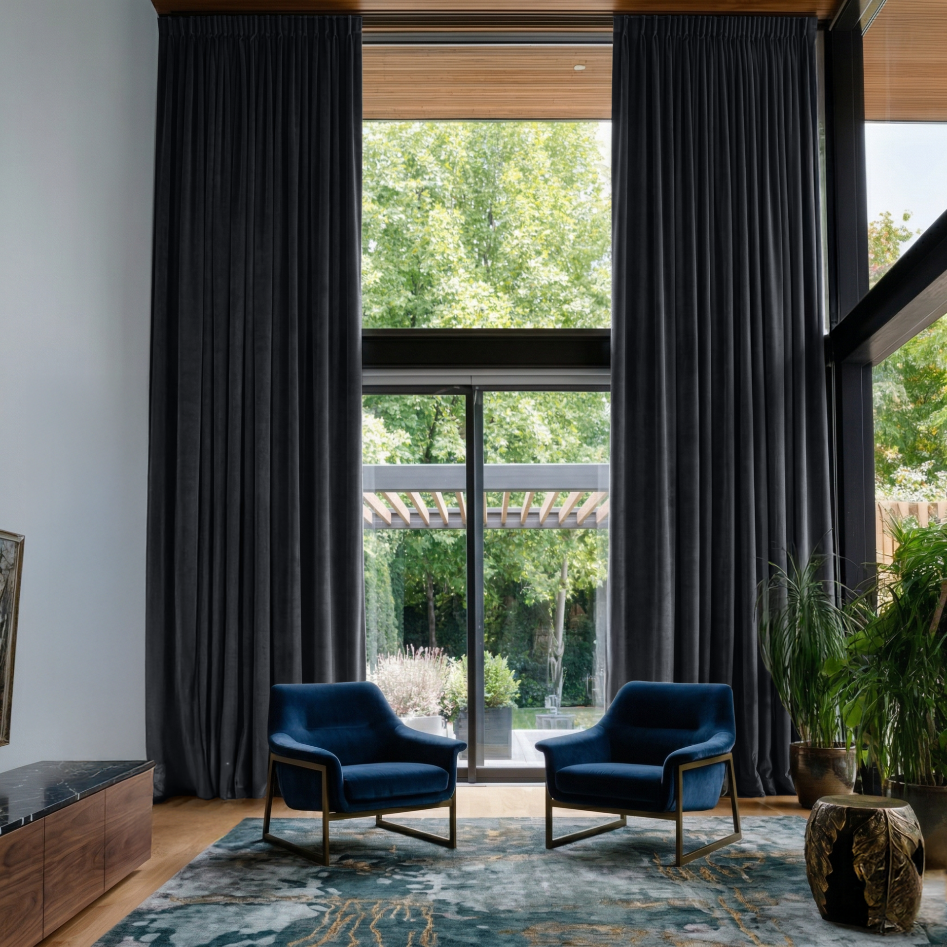 Dark Grey Velvet Pencil Pleat Blackout Curtains for Sliding Doors in a Living Room with Light Grey Walls