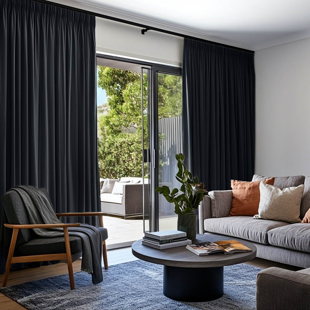 Dark Grey Velvet Pencil Pleat Blackout Curtains for Sliding Doors in a Living Room with White Walls