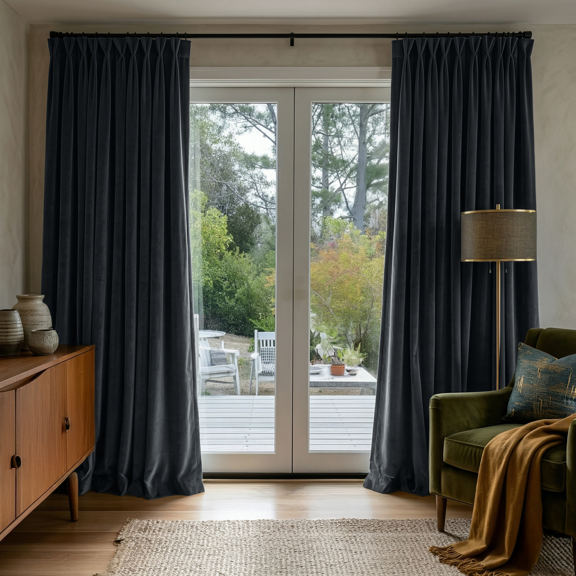 Dark Grey Velvet Pinch pleat Blackout Curtains for Sliding Doors in a Living Room with Cream Walls