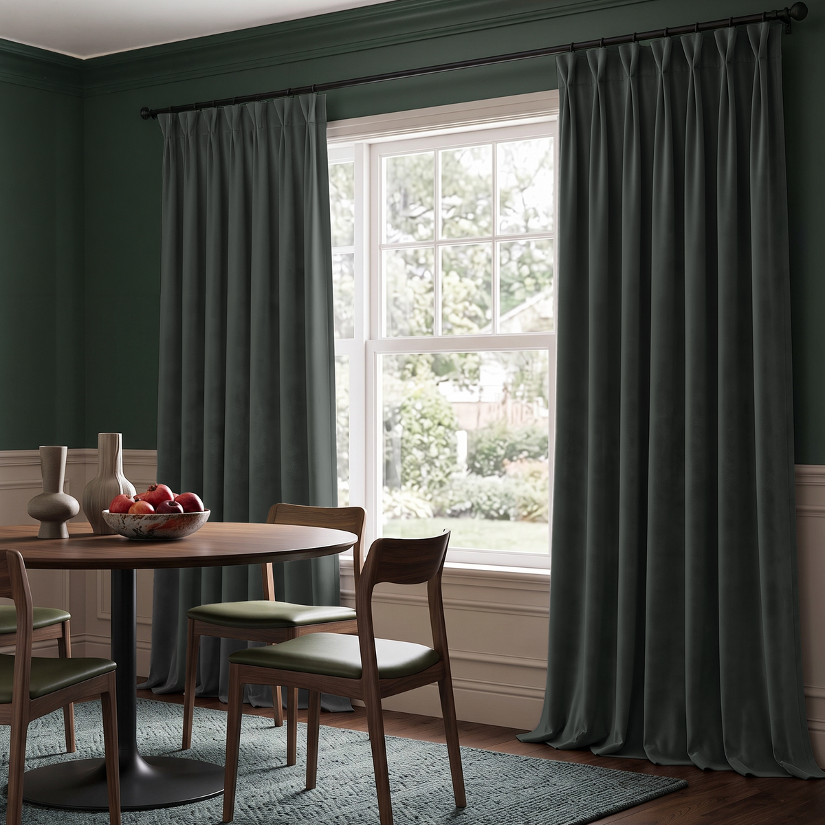 Dark green window curtains hanging on a black rod in a dining room with a round wooden table and chairs.