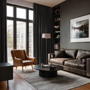 Dark Grey Velvet Rod Pocket Curtains in a Moody Contemporary Living Room with Charcoal Walls