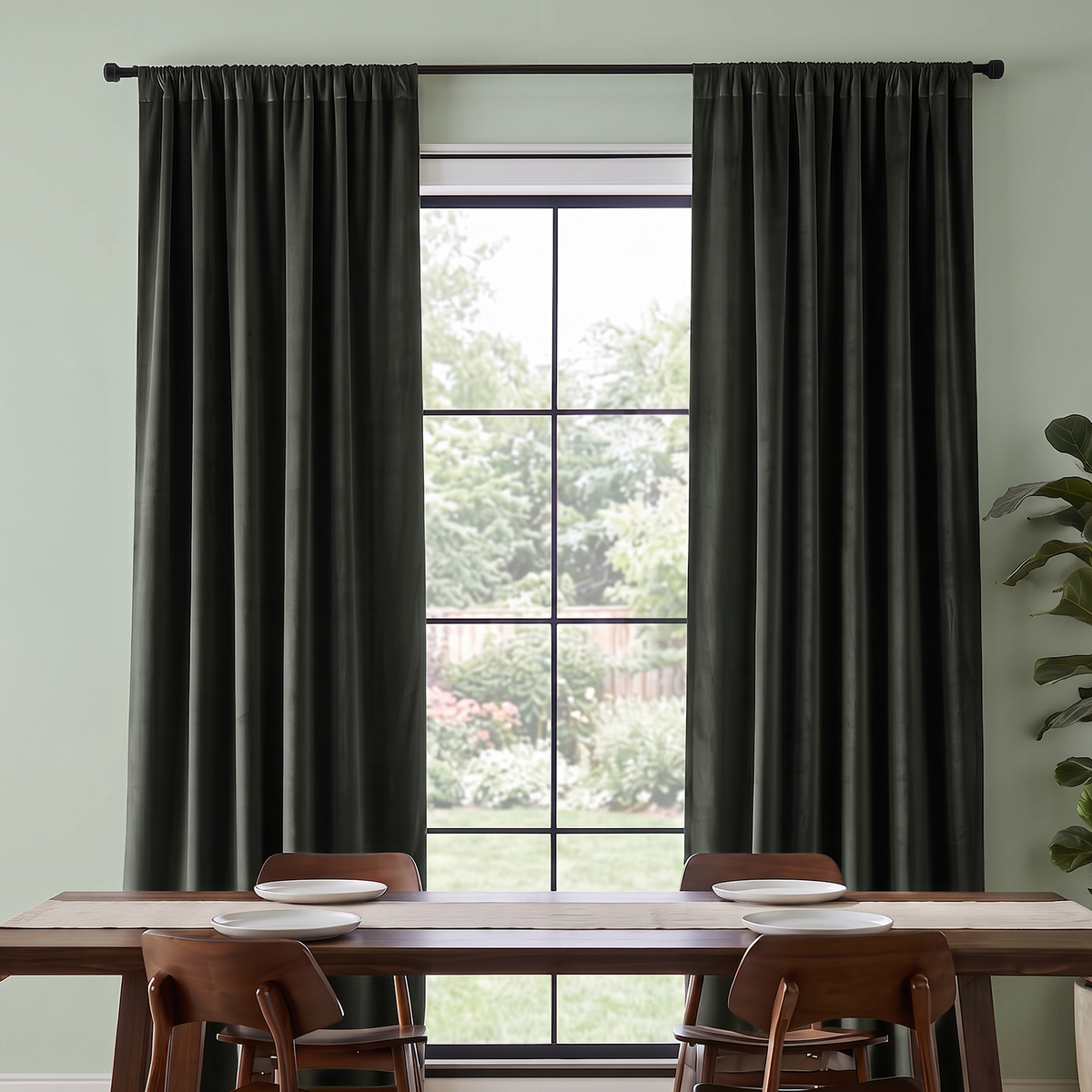 Dark charcoal gray curtain panels hanging on a black rod over a tall window in a dining room setting with a wooden table and chairs.