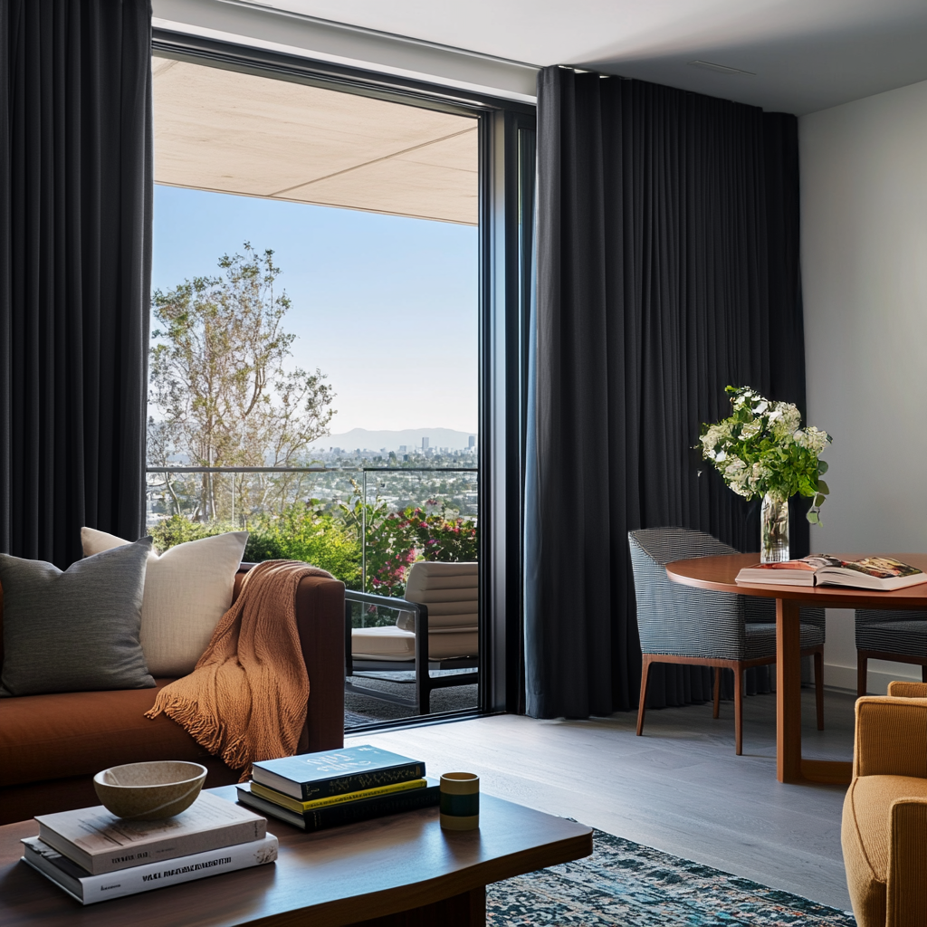 Dark Grey Velvet S-Fold Blackout Curtains for Sliding Doors in a Living Room with White Walls