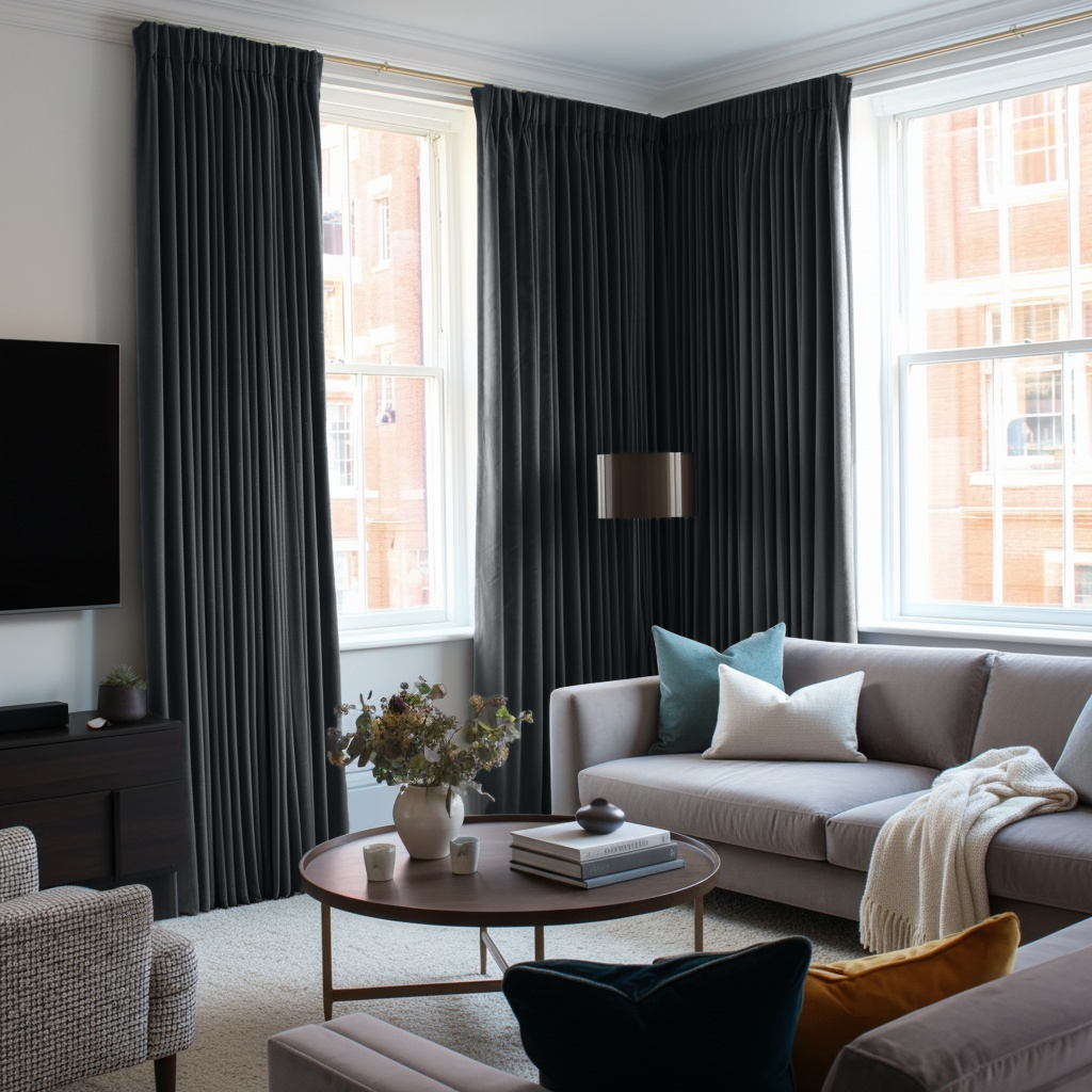 Dark Grey Velvet S-Fold Blackout Curtains in a Living Room with Crisp White Walls