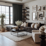 Dark Grey Velvet S-Fold Curtains in a Contemporary Living Room with a Charcoal Sectional