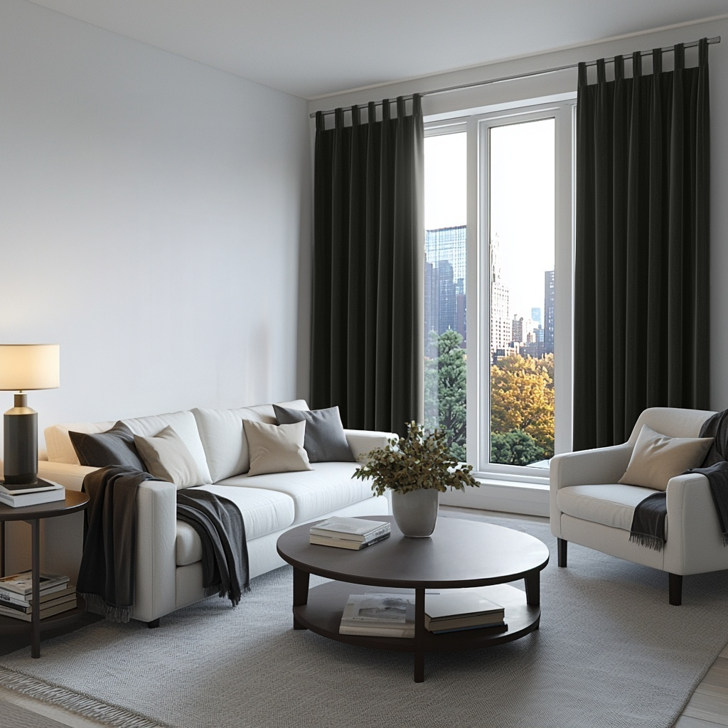 Dark Grey Velvet Tab Top Curtains in a Minimalist Living Room with a White Sofa