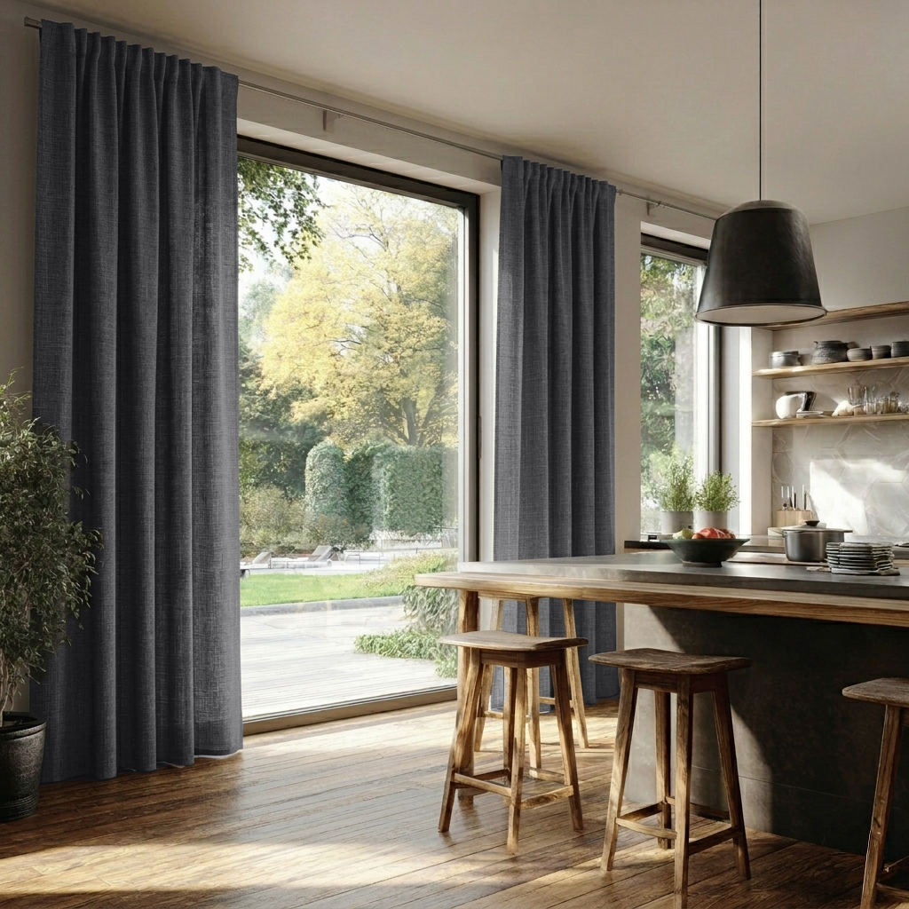 Dim Grey Linen Back Tab Curtains for Bifold Doors in a Kitchen with Warm White Walls - Cotton Lining