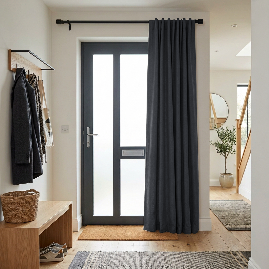 Thermal Door Curtains in a Hallway with Off-White Walls and a Dark Grey Door