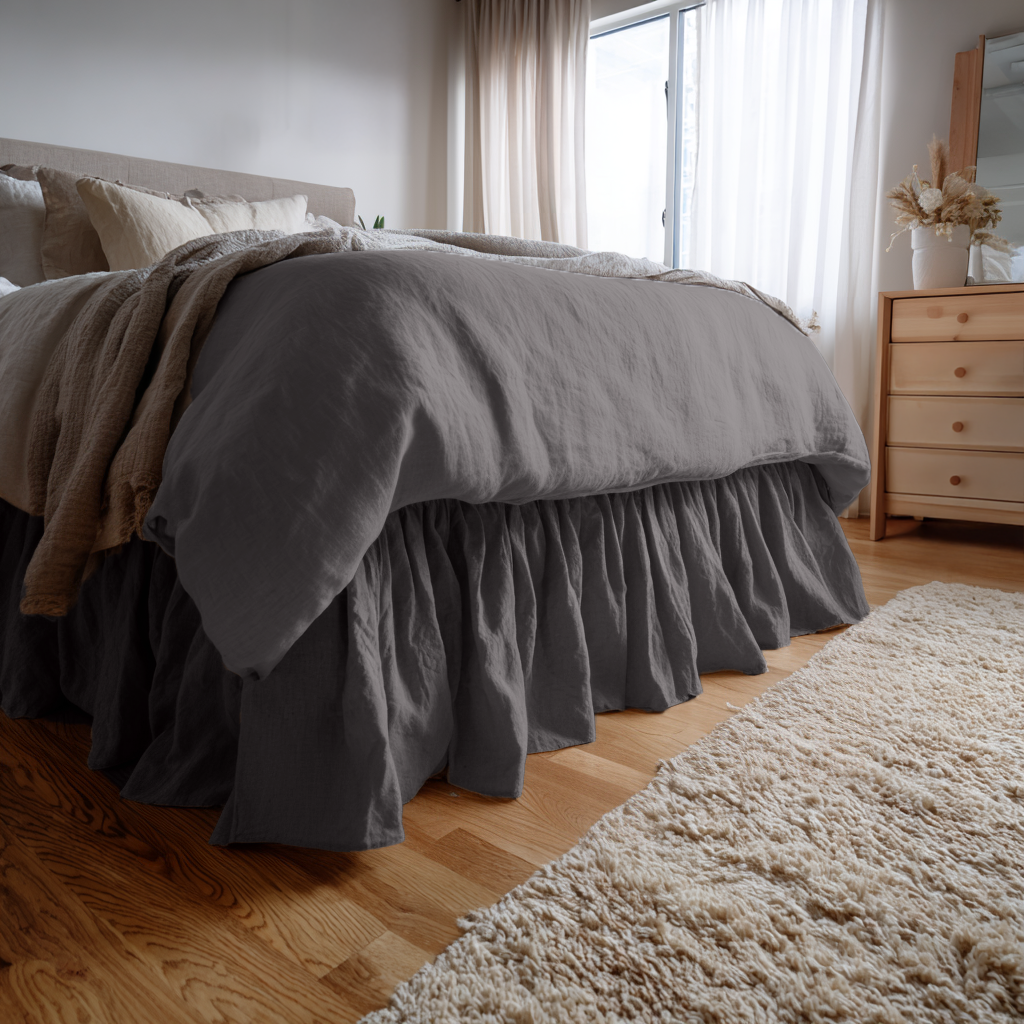 Dim Grey Linen Bed Skirt Valance with Gathered Ruffles