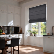 Dim Grey Linen Roman Blinds in a Bright Classic Kitchen with White Cabinetry - Blackout Lining