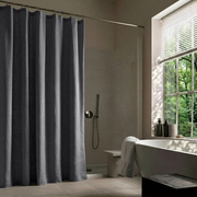 Dim Grey Linen Button-Hole Top Shower Curtain in a Modern Bathroom with Beige Tile Walls