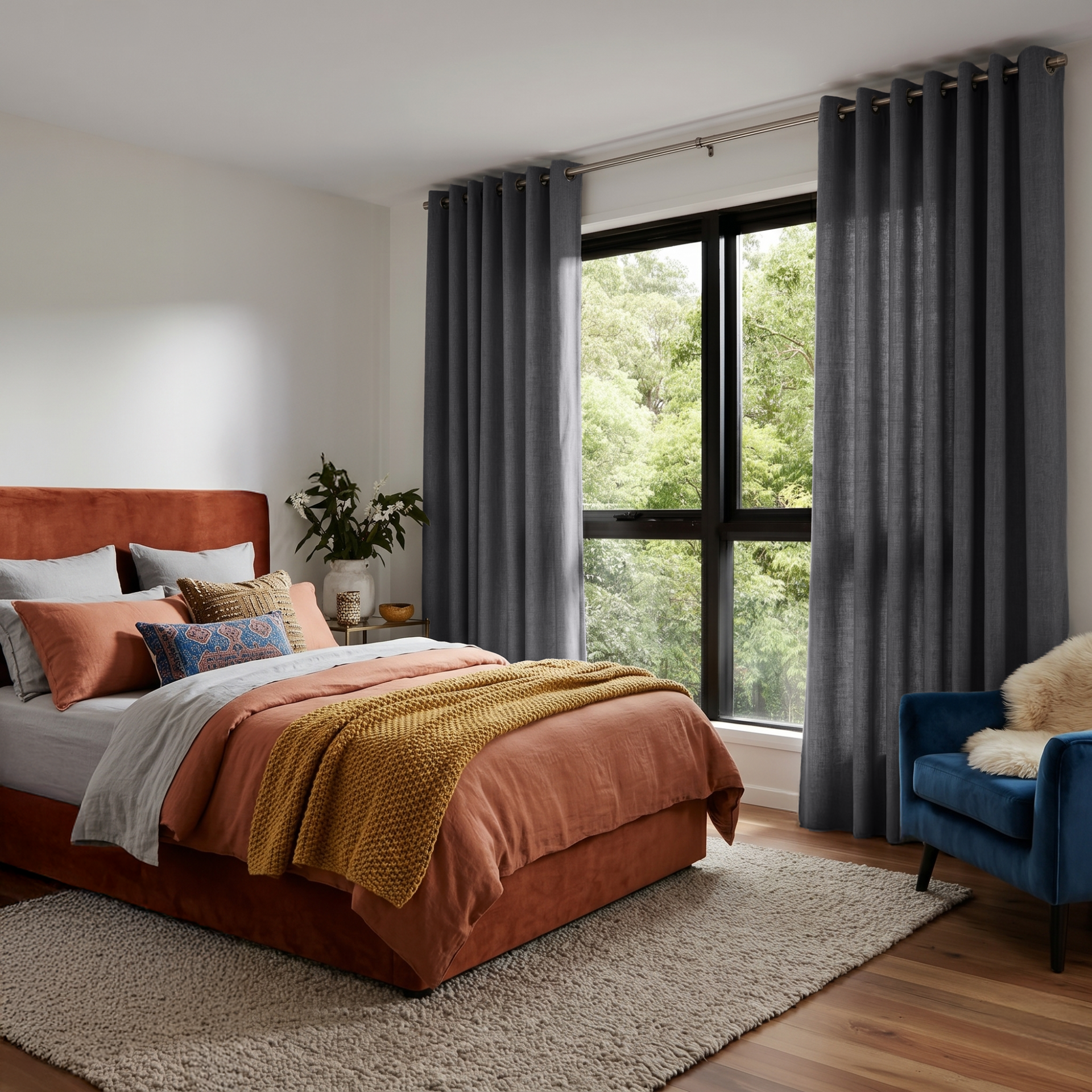 Dim Grey Linen Eyelet Curtains in a Cozy Modern Bedroom With Warm White Walls - Cotton Lining