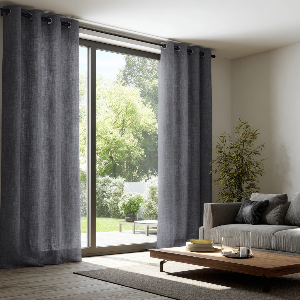 Dim Grey Linen Eyelet Curtains for Bifold Doors in a Living Room with Off-White Walls - Cotton Lining