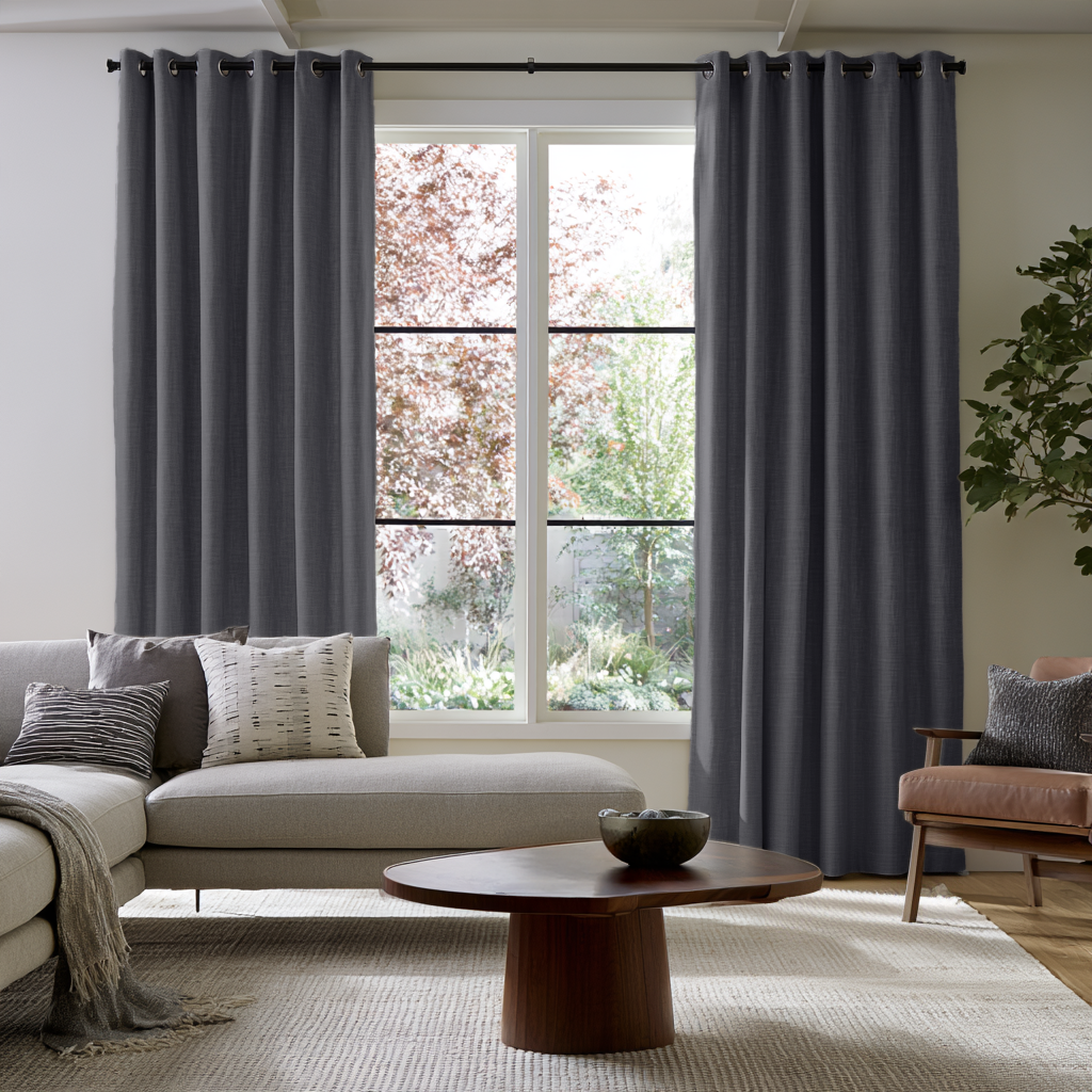 Dim Grey Linen Eyelets Extra Long Curtains in a Modern Living Room with a Garden View and Neutral Upholstery