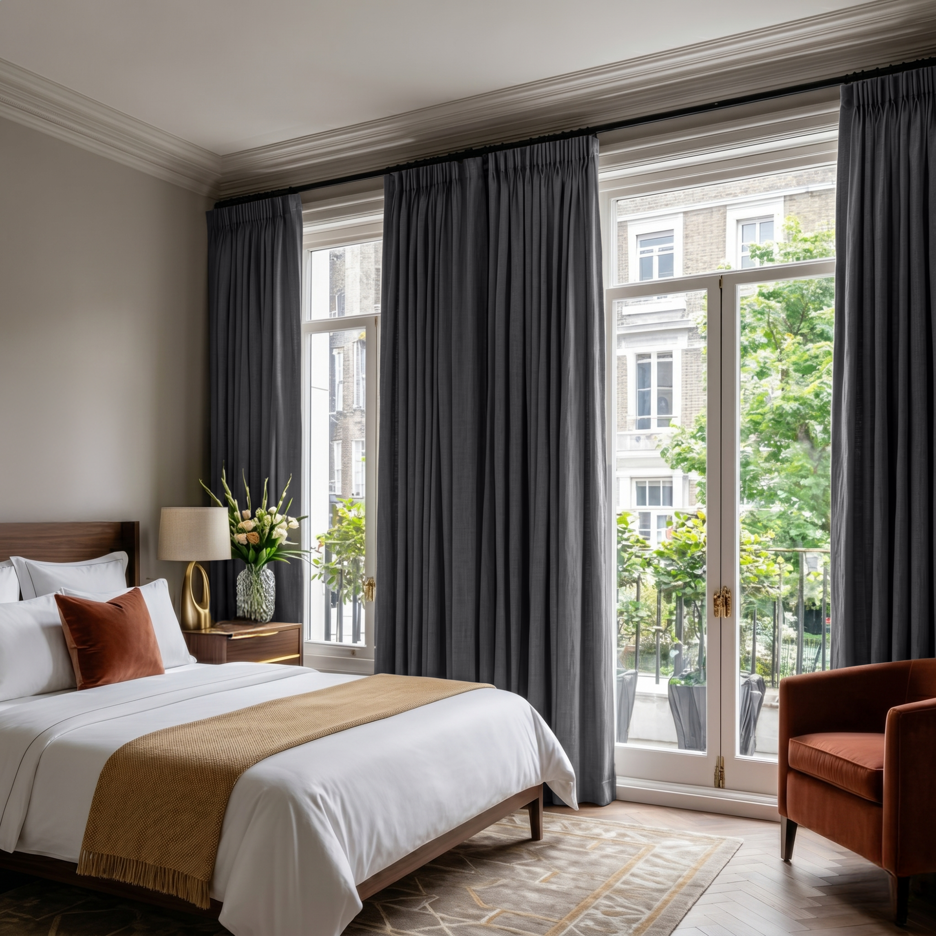 Dim Grey Linen Pencil Pleat Curtains in a Moody Sage Bedroom with Cool Blue Accents - Cotton Lining