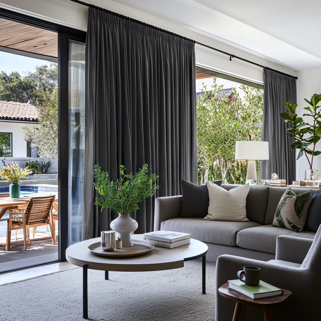 Dim Grey Linen Pencil Pleat Curtains for Bifold Doors in a Living Room with Bright White Walls - Blackout Lining