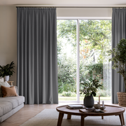Dim Grey Linen Pencil Pleat Extra Long Curtains in a Contemporary Living Room with a Garden View and Natural Wood Furniture