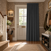 Thermal Door Curtains in a Hallway with Floral Patterned Wallpaper and a White Door