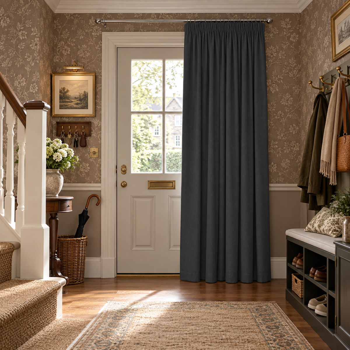 Thermal Door Curtains in a Hallway with Floral Patterned Wallpaper and a White Door