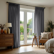 Dim Grey Linen Pinch Pleat Curtains for Bifold Doors in a Bedroom with Cream Walls