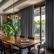Dim Grey Linen Pencil Pleat Curtains for Bifold Doors in a Dining Room with Taupe Walls - Cotton Lining