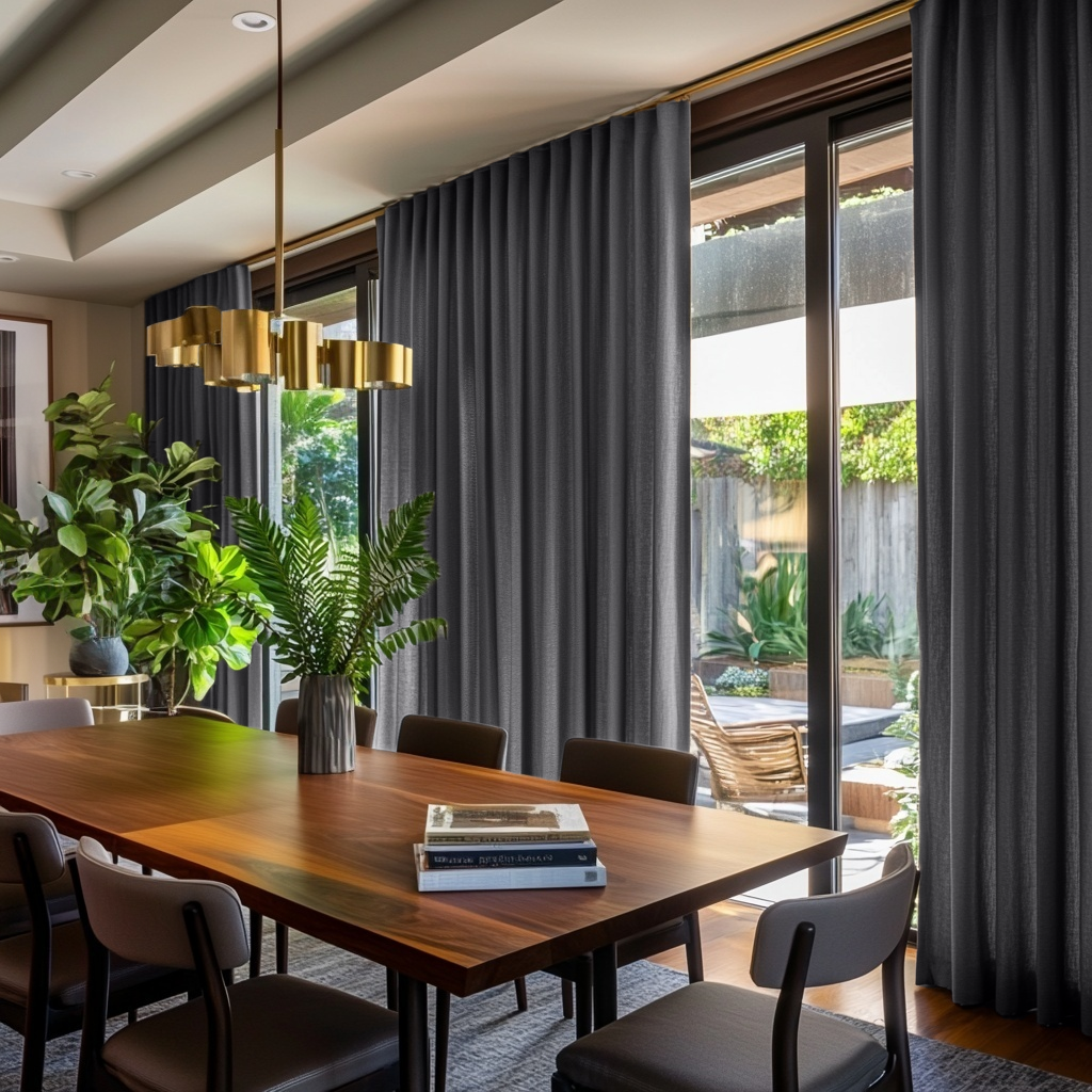 Dim Grey Linen Pencil Pleat Curtains for Bifold Doors in a Dining Room with Taupe Walls - Cotton Lining