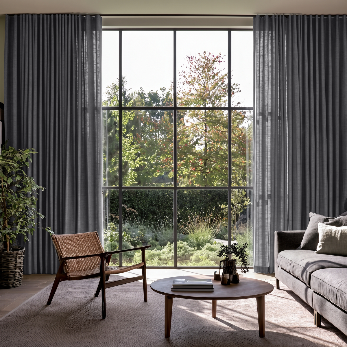 Dim Grey Linen S-Fold Extra Long Curtains in a Modern Living Room with Floor-to-Ceiling Windows and a Garden View