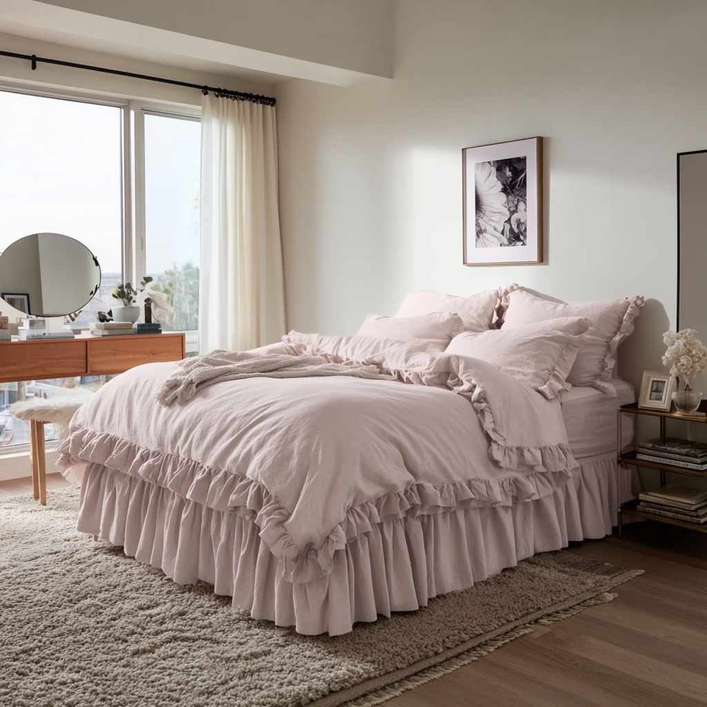 Dusty Pink Linen Bed Skirt Valance with Gathered Ruffles