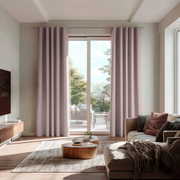 Dusty Pink Linen Back Tab Curtains for Bifold Doors in a Living Room with Off-White Walls - Blackout Lining