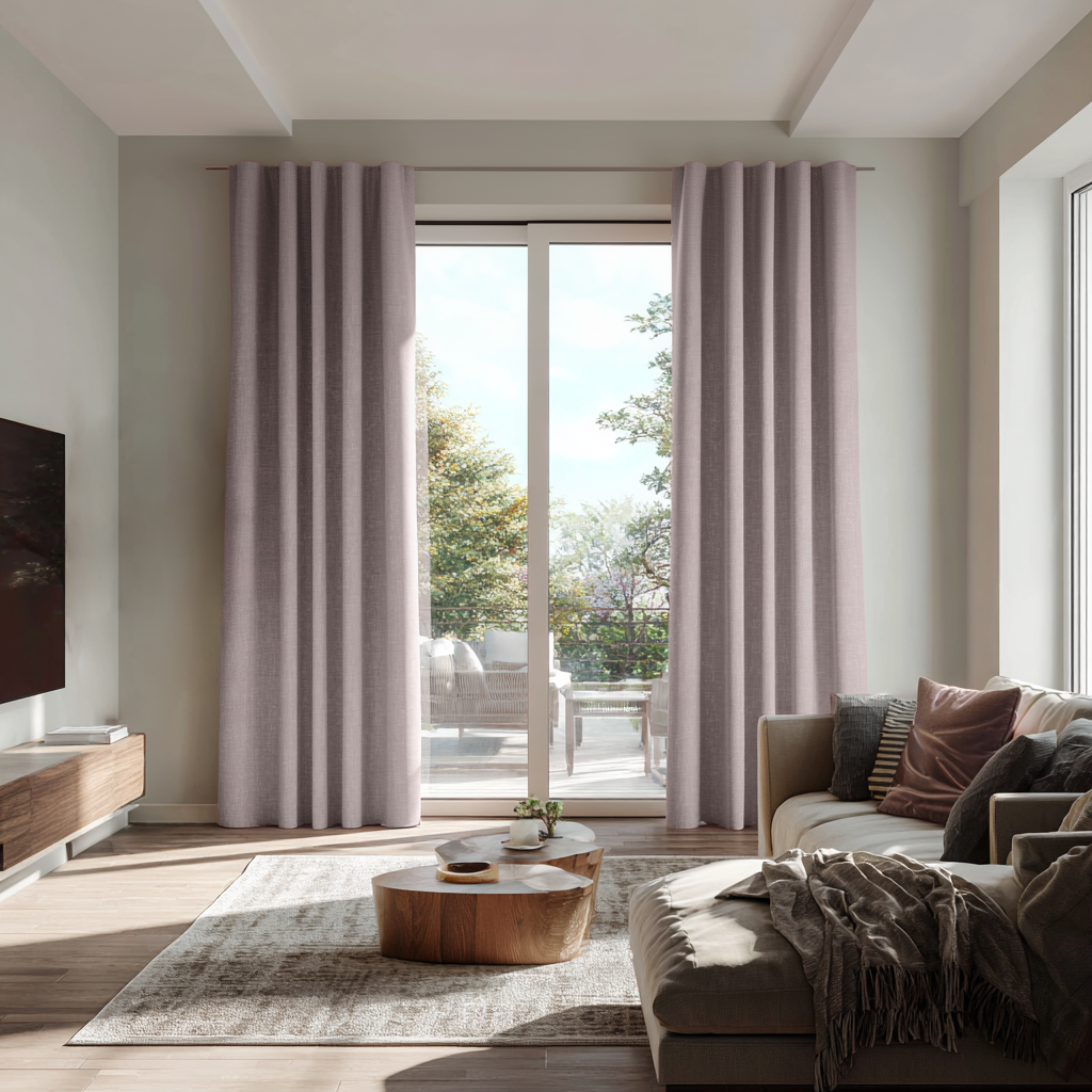 Dusty Pink Linen Back Tab Curtains for Bifold Doors in a Living Room with Off-White Walls - Blackout Lining