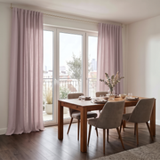 Dusty Pink Linen Back Tabs Dining Room Curtain in a Contemporary Dining Room with White Walls and Dark Wood Flooring Beneath a Wooden Dining Set - Cotton Lining
