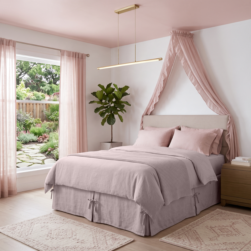 Dusty Pink Linen Bed Skirt with Pleats 