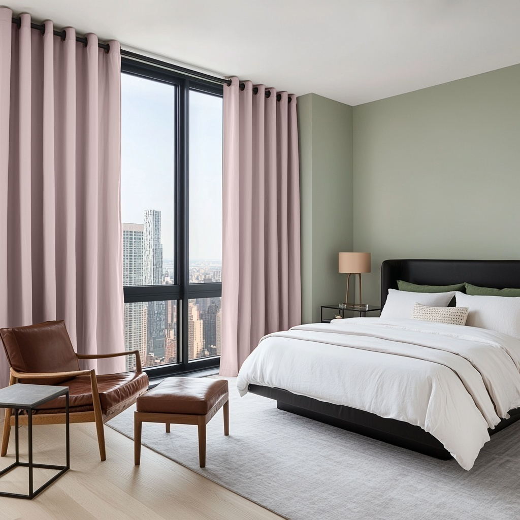 Dusty Pink Linen Eyelet Bedroom Curtains in a Modern Bedroom with Pale Sage Walls - Blackout Lining