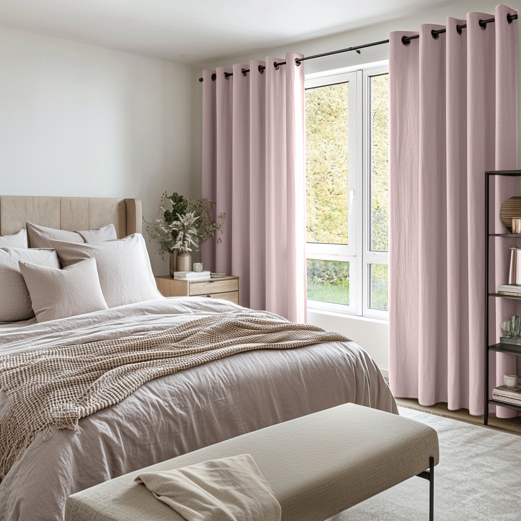 Bedroom Dusty Pink Linen Eyelet Curtains - Cotton Lining
